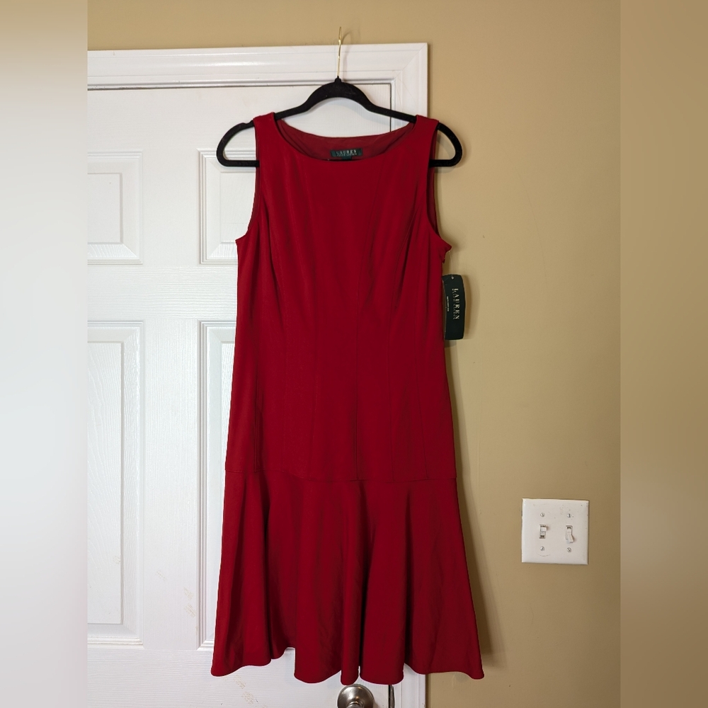 Lauren Ralph Lauren Flounce Hem Midi Dress Size 8 NWT Red Sleeveless Drop Waist